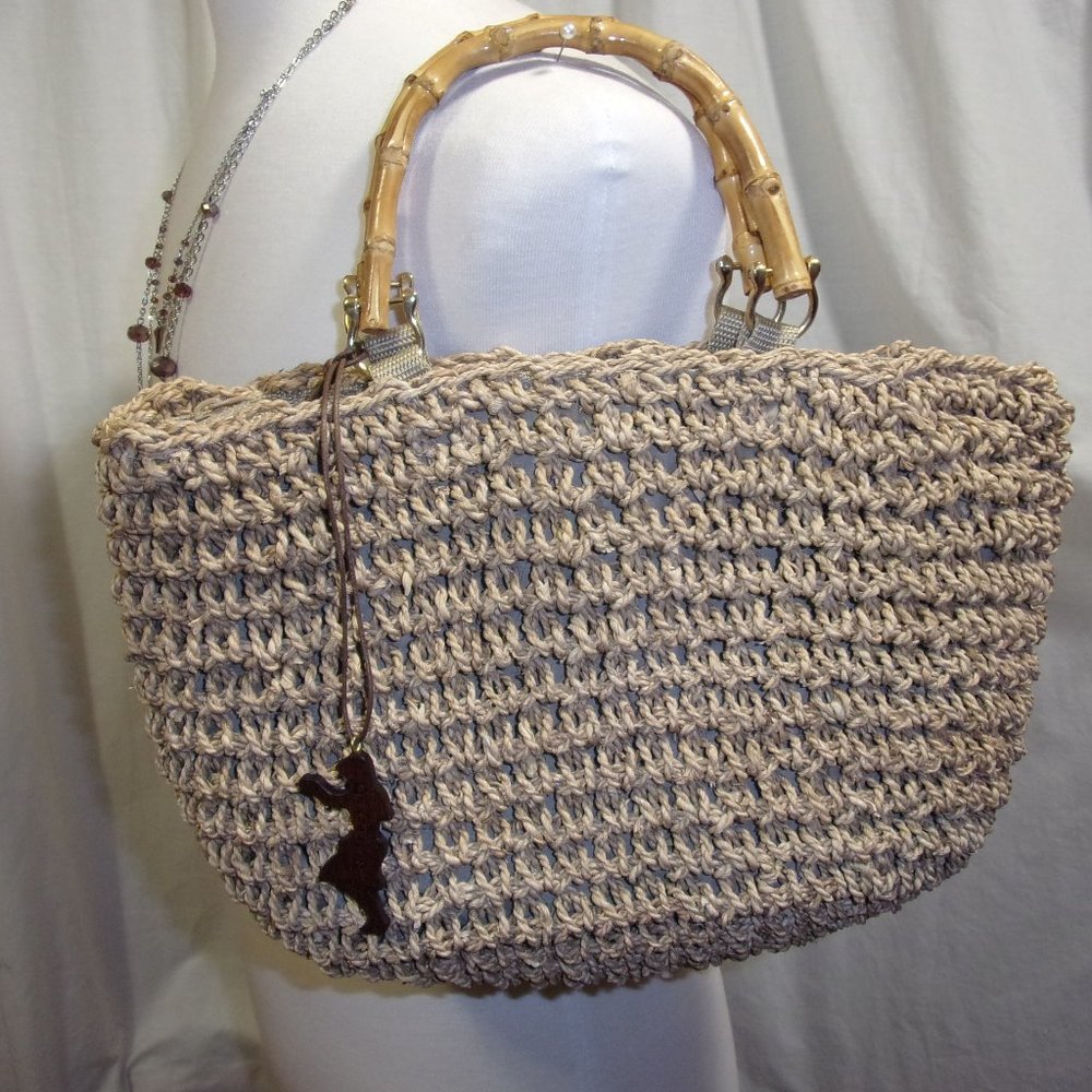 Liz Claiborne Fashion Vegan Handbag Woven Beige Rope Bamboo Handles NWOT